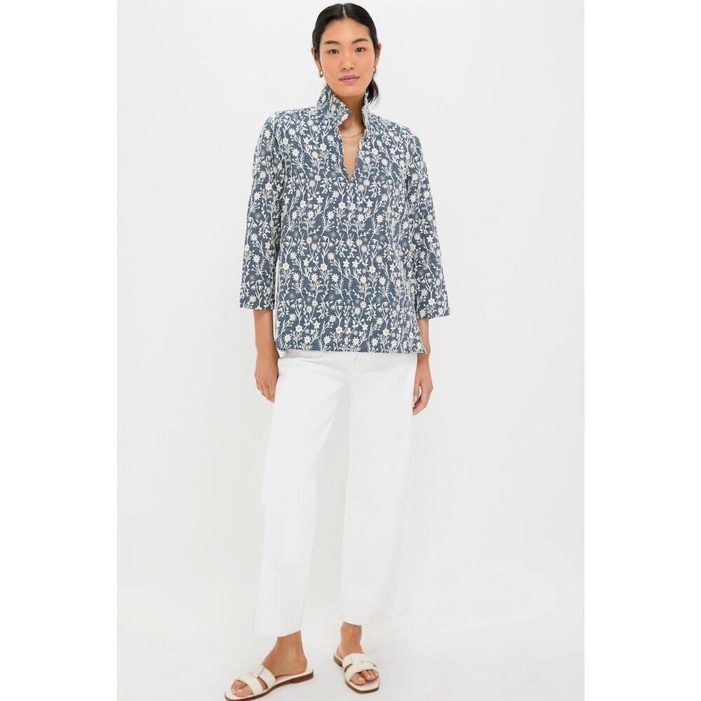 TUCKERNUCK Tunic Top Womens 2XL Blue White Floral Embroidered Popover - Picture 2 of 9